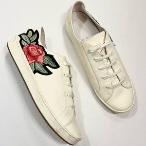 Joie Daryl Leather Floral Shoes Embroidered Rose Flower Ivory Size 38.5 /8.5